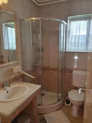 a bathroom with a shower and a sink and a toilet at Rooms Beros in Maribor