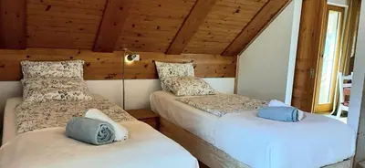 two beds in a room with a wooden ceiling at Apartment Milly in Bled