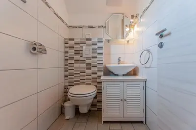 a white bathroom with a toilet and a sink at Apartments Francka in Bohinj