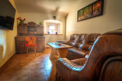 a living room with a leather couch and a table at Stara sončna hiša in Radovljica