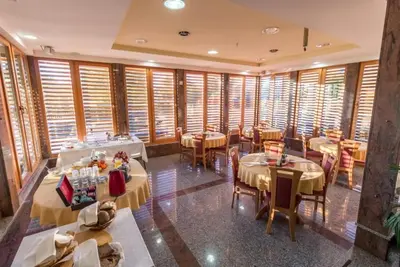a dining room with tables and chairs and windows at Guesthouse Živko in Dobrovce