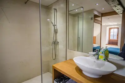 a bathroom with a sink and a shower at SAUNU DVOR in Tolminski Lom