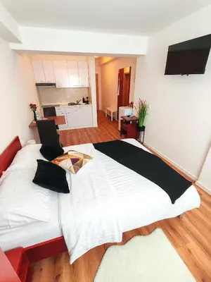 a bedroom with a large white bed with black pillows at Lucky center Ljubljana in Ljubljana
