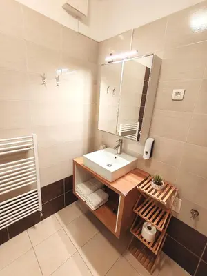 a bathroom with a sink and a mirror at Lucky center Ljubljana in Ljubljana