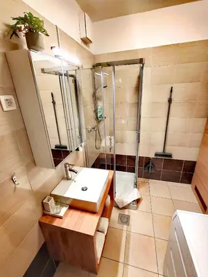 a bathroom with a shower and a white sink at Lucky center Ljubljana in Ljubljana