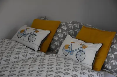 a couch with two pillows with a bike on it at Guest House Štruc in Slovenj Gradec