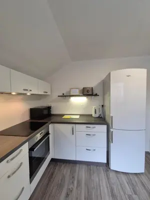 a kitchen with white cabinets and a white refrigerator at Apartment PETRA Mojstrana in Mojstrana