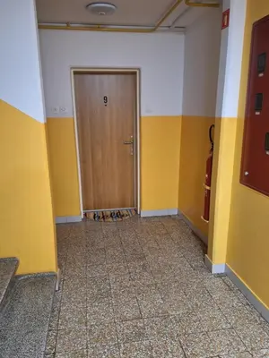 a hallway with a wooden door and a tile floor at Apartma Golob in Maribor