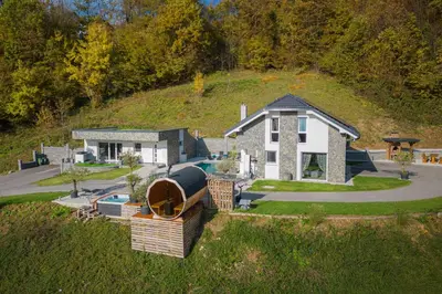 an aerial view of a house on a hill at Wellness Resort Trebnje in Trebnje