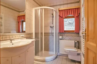 a bathroom with a shower and a sink and a toilet at Apartma Smučišče Krvavec in Cerklje na Gorenjskem
