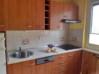 a kitchen with wooden cabinets and a sink at Apartment Kolman in Tolmin