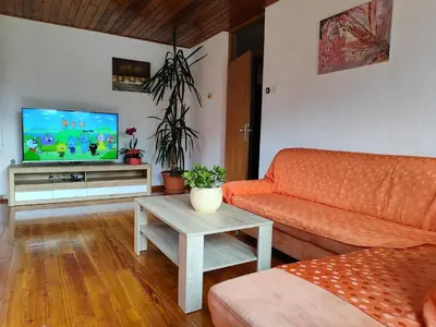 a living room with an orange couch and a tv at Apartment Kolman in Tolmin