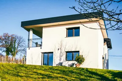 a white house on top of a grassy hill at Apartment House VINARIA in Zgornja Ložnica