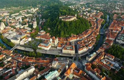 an aerial view of a city with buildings at Little Plaza City Centre in Ljubljana