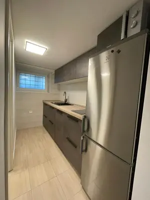a kitchen with a stainless steel refrigerator at Laibach Suite in Ljubljana
