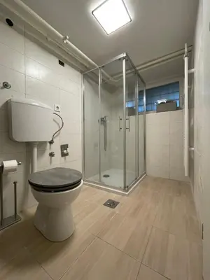 a bathroom with a toilet and a glass shower at Laibach Suite in Ljubljana