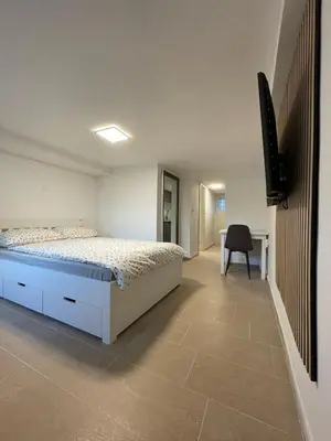 a bedroom with a bed and a desk and a television at Laibach Suite in Ljubljana