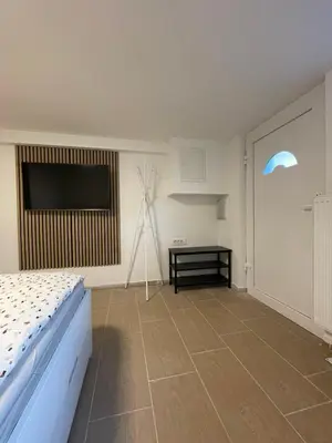 a bedroom with a bed and a flat screen tv at Laibach Suite in Ljubljana
