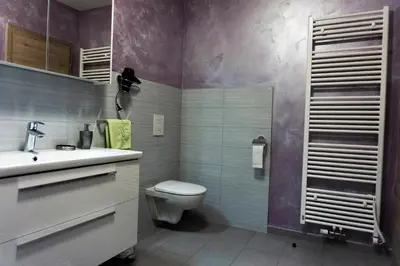 a bathroom with a toilet and a sink at Viktoria Apartments in Bled