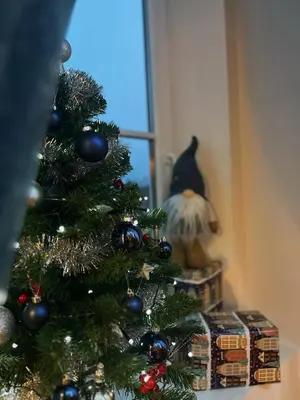 a christmas tree with ornaments on top of it at Apartman LA CASA 77B in Ljubljana