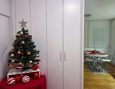 a christmas tree on a red table in a room at Apartman LA CASA 77A in Ljubljana
