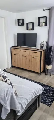 a bedroom with a large tv on a wall at Time4you in Čatež ob Savi
