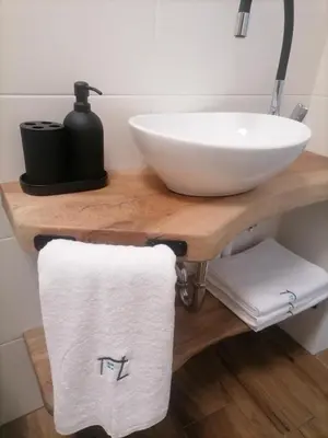 a bathroom counter with a sink and a white towel at Lukova hiša- Luka's house in Vipava