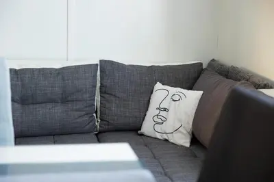 a gray couch with a pillow with a face on it at Apartma Ella in Lovrenc na Pohorju