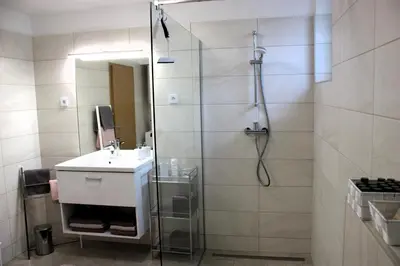 a bathroom with a shower and a sink and a mirror at Apartment Jona, Bled in Bled