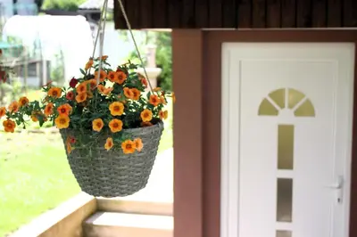 a flower basket hanging next to a door at Apartment Jona, Bled in Bled