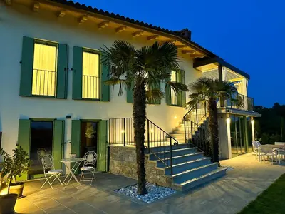 a house with two palm trees in front of it at Ca' S Lorenz - A Luxury 100m2 Apartment in a Chic Vineyard Villa in Dobrovo