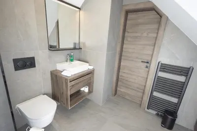 a bathroom with a toilet and a sink and a mirror at 4 Elements Glamping & Apartments in Bled