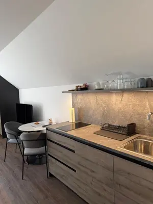a kitchen with a counter with a sink and a table at 4 Elements Glamping & Apartments in Bled