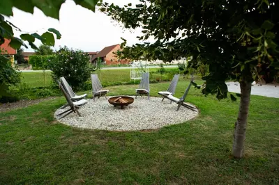 a group of chairs and a fire pit in a yard at HIŠA ROSA in Veržej