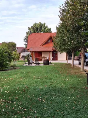 a house with a red roof and a green yard at HIŠA ROSA in Veržej