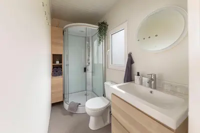 a bathroom with a shower and a sink and a toilet at Apartma LeMa in Velike Lašče