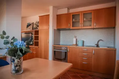 a kitchen with wooden cabinets and a table at Gracarjeva domačija in Mišji Dol
