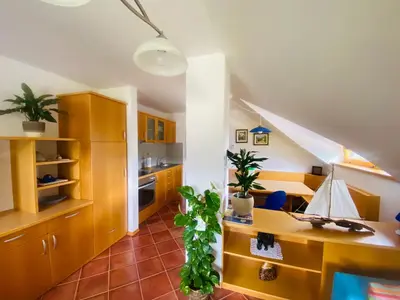 a kitchen with wooden cabinets and a desk with plants at Gracarjeva domačija in Mišji Dol