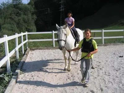 a young boy leading a girl on a white horse at Apartment Sever in Idrija