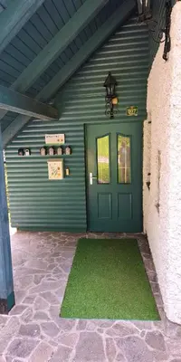 a green garage door with a green rug in front of it at Apartma Jurček Rogla in Rakovec