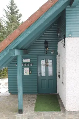 a blue door of a building with a green door at Apartma Jurček Rogla in Rakovec