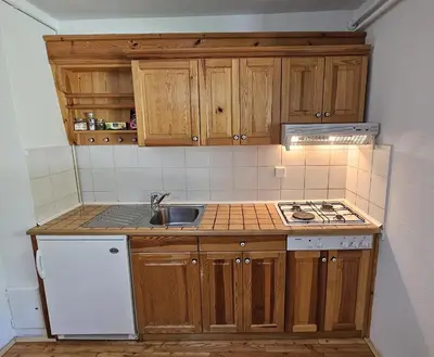 a small kitchen with wooden cabinets and a sink at Apartma Jurček Rogla in Rakovec