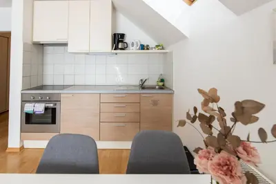 a kitchen with two chairs and a sink and stove at Apartment Muznik in Bled