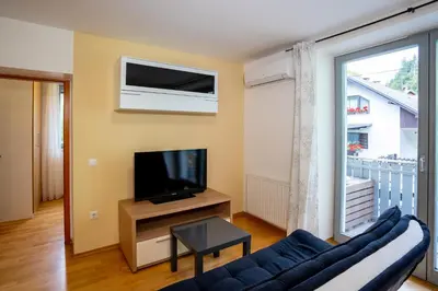 a living room with a couch and a tv and a window at Apartment Muznik in Bled