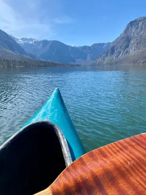 a view from the front of a boat on a lake at Apartment Iris in Bohinj