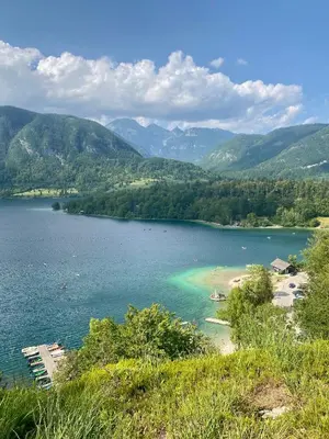 a view of a lake with mountains in the background at Apartment Iris in Bohinj
