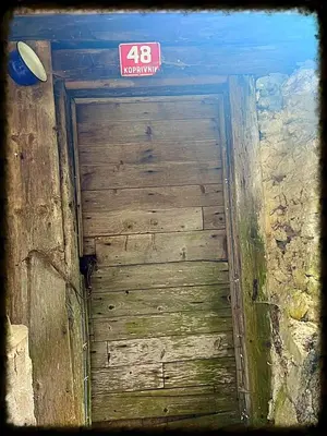 a wooden door with a sign on top of it at Hiška pri Vrjaku in Bohinjska Bistrica