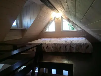 a bedroom with a bed in a attic with a window at Apartment Tagrajska in Ljubljana