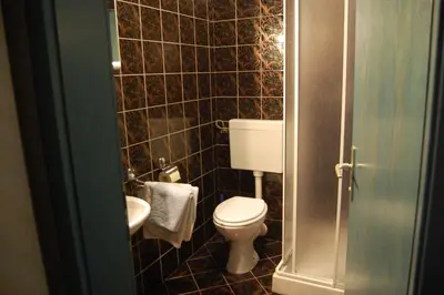 a small bathroom with a toilet and a sink at Rooms Hiša Divino in Ptuj