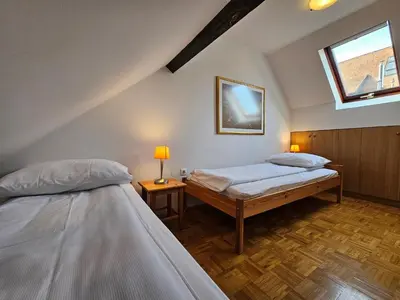 two beds in a room with a window at Apartment Nina with private terrace Tour As Ljubljana in Ljubljana